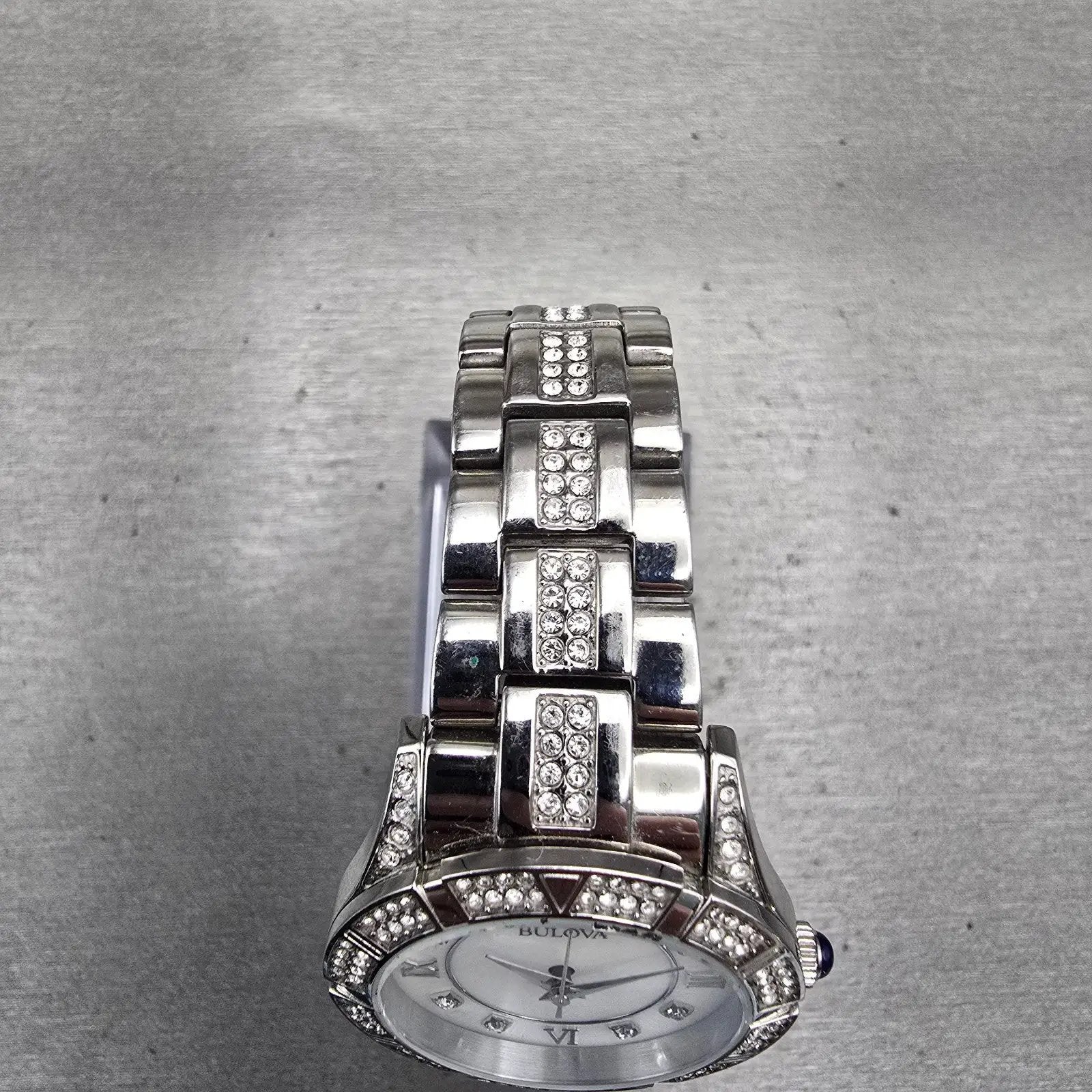Bulova Watch Women 30mm MOP Dial Silver Tone Gemmed Round 96L116 New Battery4