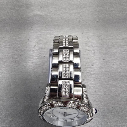Bulova Watch Women 30mm MOP Dial Silver Tone Gemmed Round 96L116 New Battery4