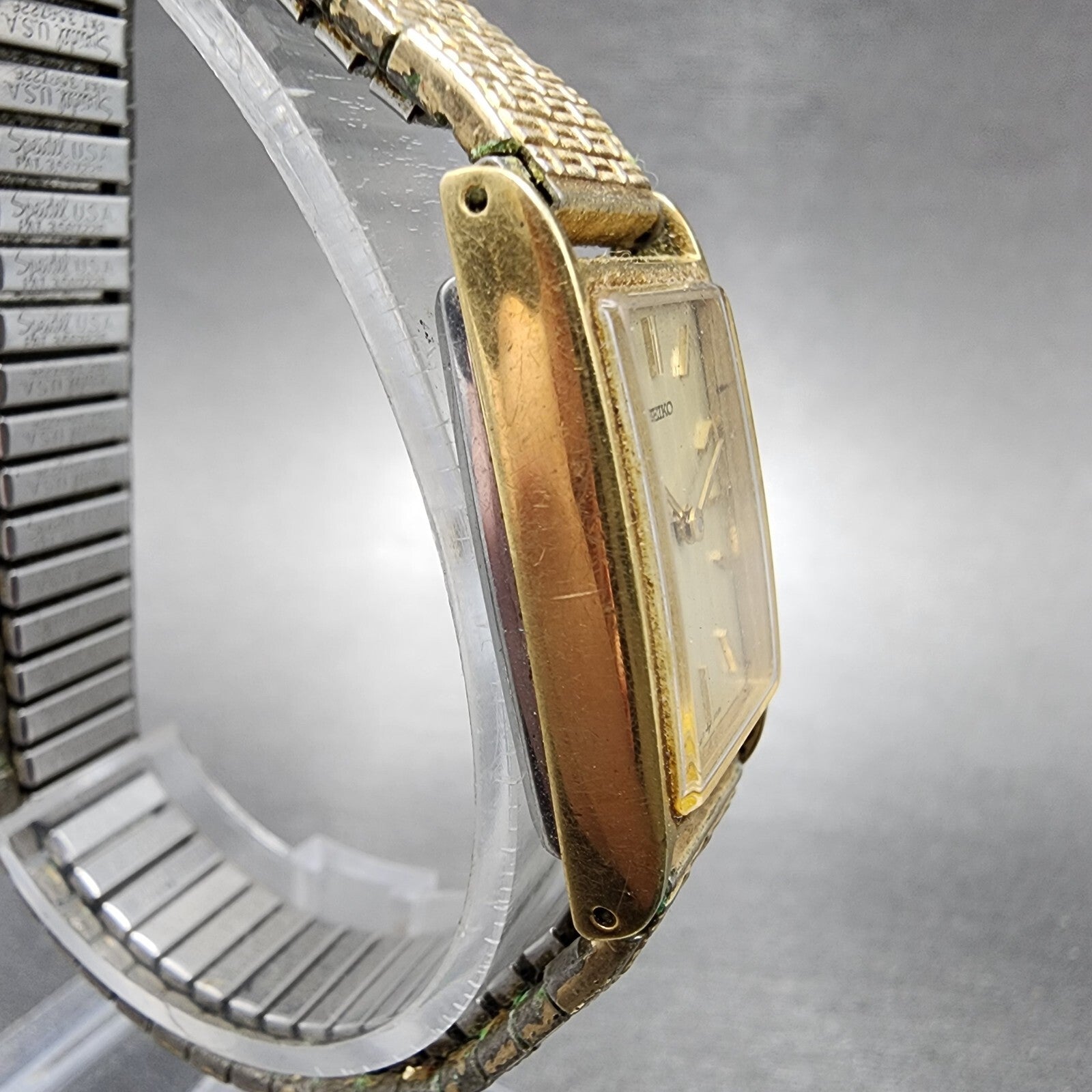 VTG Seiko Tank Watch Women 17mm Champagne dial Gold Tone Rectangle Manual Wind3
