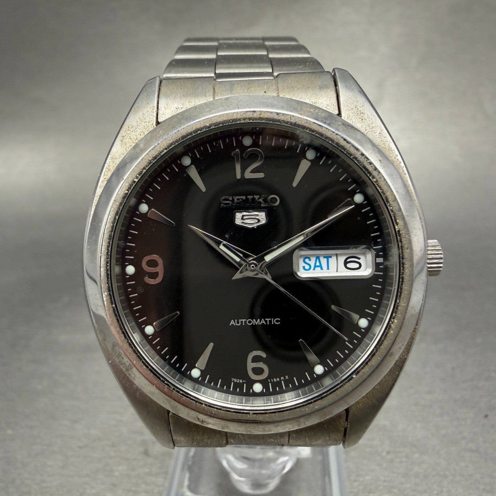 Seiko 5 Automatic Watch Men 37mm Black Dial Silver Tone Daydate 7S26-0440 Runs0