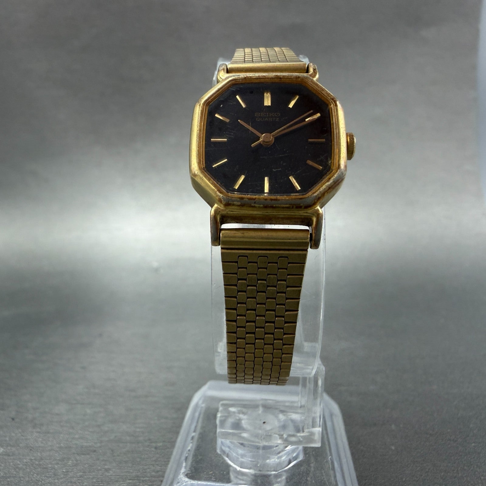 Seiko Watch Women 20mm Black Dial Gold Tone Octagon 2C21-5170 New Battery VTG FC5