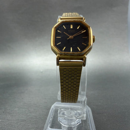 Seiko Watch Women 20mm Black Dial Gold Tone Octagon 2C21-5170 New Battery VTG FC5