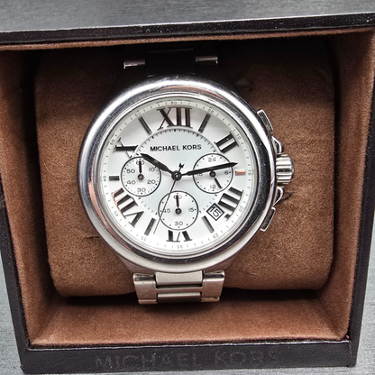 Michael Kors Camille Watch Women 44mm Silver Dial Chrono Date MK5719 New Batt11