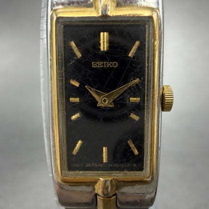 Seiko Tank Watch Women 13mm Black Dial Two Tone Rectangle 2E20-6479 New Battery1
