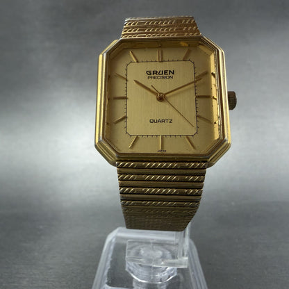 Gruen Precision Tank Watch Men 28mm Gold Dial Gold Tone Octagon New Battery VTG5