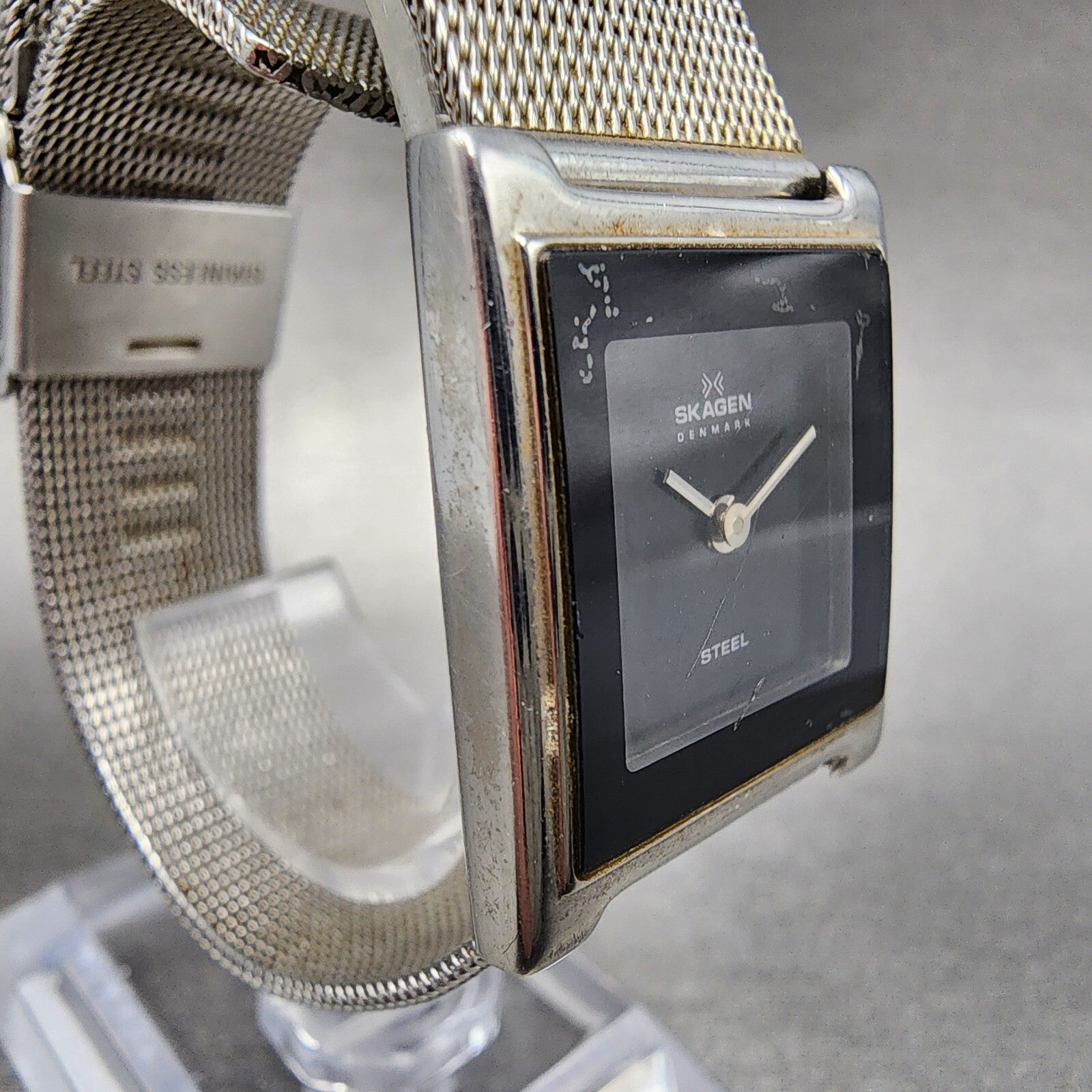 Skagen Tank Watch Women 23mm Black Dial Stainless Steel Rectangle New Battery3