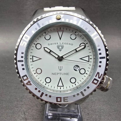 Swiss Legend Neptune Watch Men 52mm White Dial Steel Date Round New Battery0