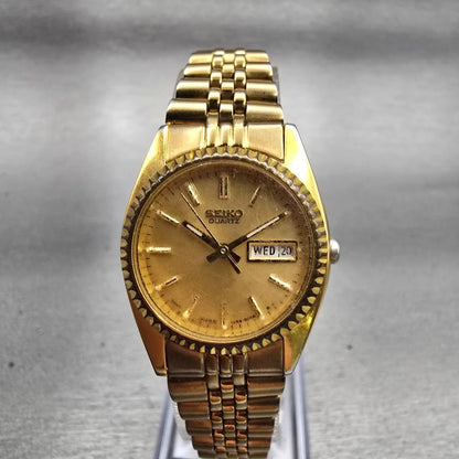 Seiko Watch Women 24mm Gold Dial Gold Tone Daydate Round 7N83-0041 New Battery V0