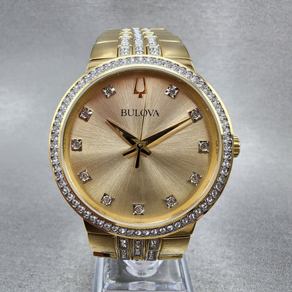 Bulova Watch Men 40mm Gold Dial Gold Tone Round Crystal Bezel 98K113 W/Necklace