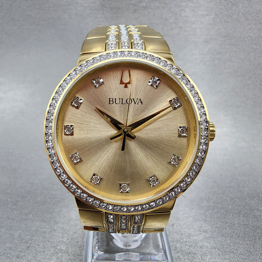 Bulova Watch Men 40mm Gold Dial Gold Tone Round Crystal Bezel 98K113 W/Necklace