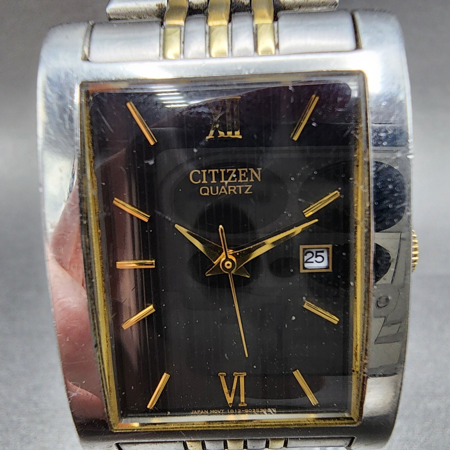 Citizen Tank Watch Men 27mm Black Dial Two Tone Date Rectangle New battery