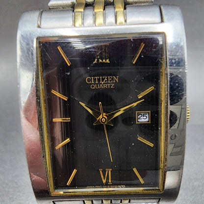Citizen Tank Watch Men 27mm Black Dial Two Tone Date Rectangle New battery