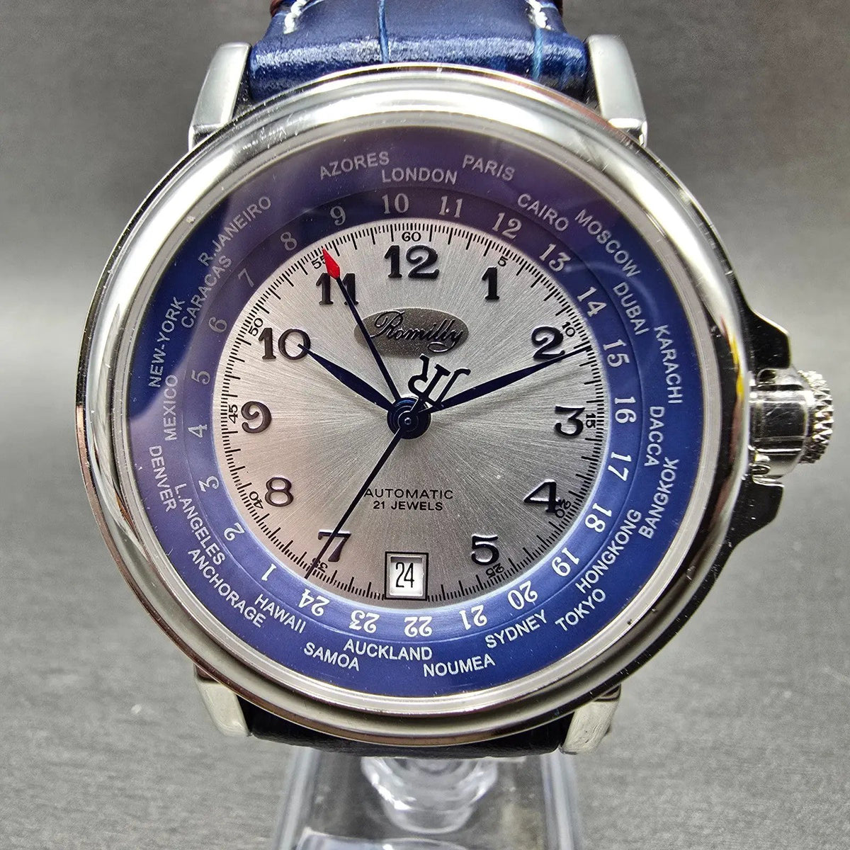 Romilly Automatic Watch Men 42mm Silver Dial Steel Date GMT Round 60504-406 Runs0