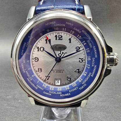 Romilly Automatic Watch Men 42mm Silver Dial Steel Date GMT Round 60504-406 Runs0