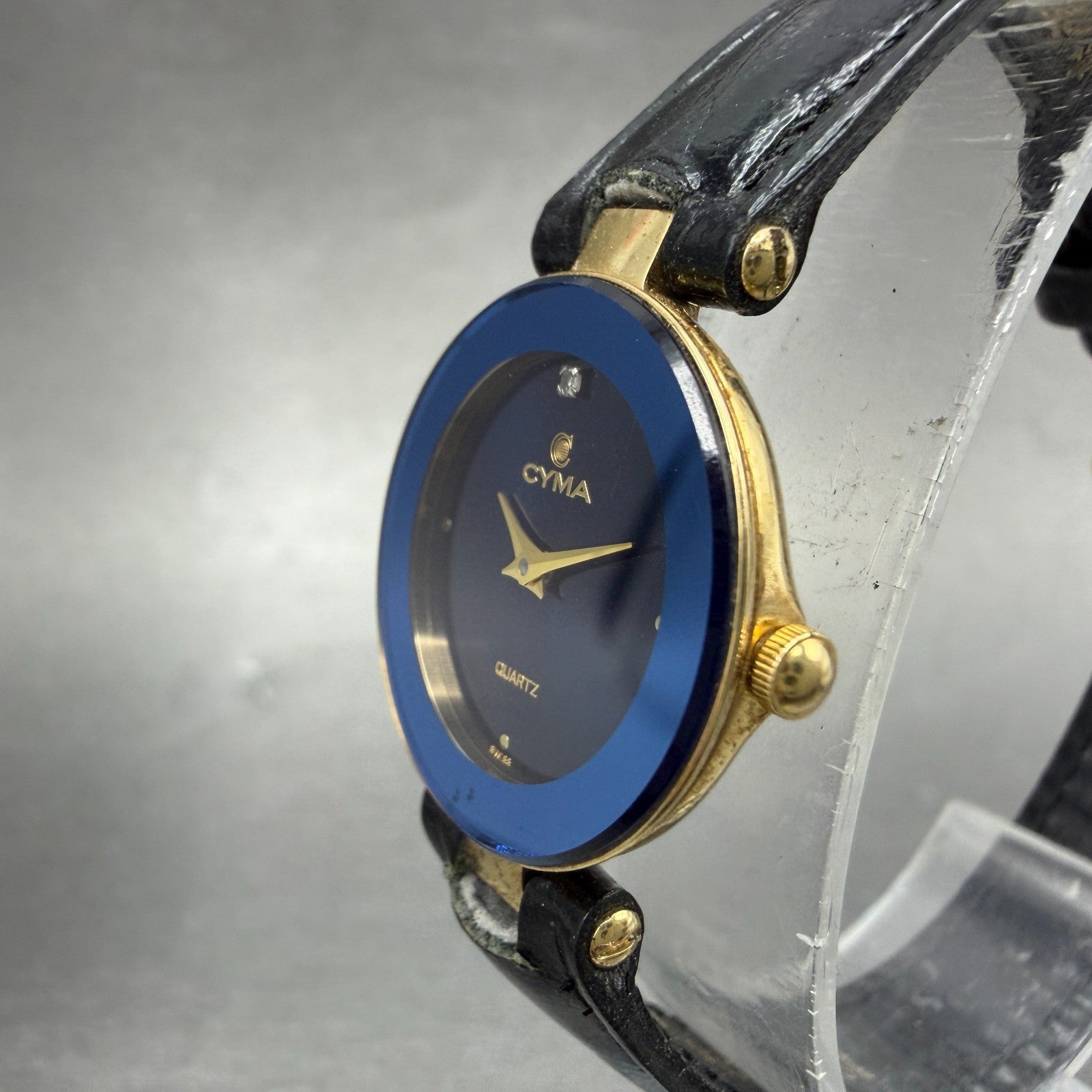 Cyma Watch Women 24mm Blue Dial Gold Tone Round 906 W/Box  New Battery2