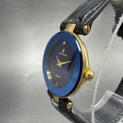 Cyma Watch Women 24mm Blue Dial Gold Tone Round 906 W/Box  New Battery2