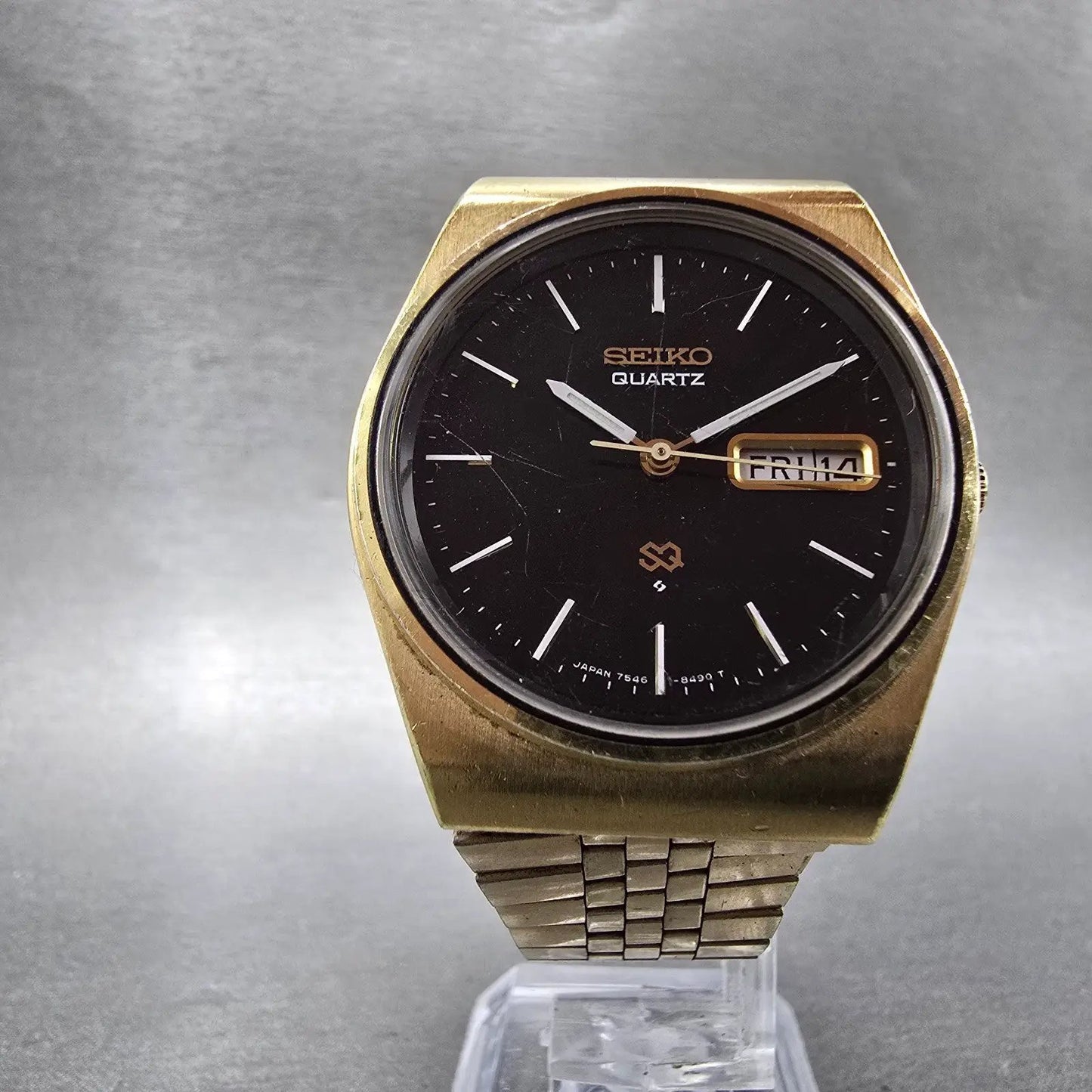 Seiko SQ Watch Men 36mm Black Dial Gold Tone Daydate Round 7546-8419 PARTS6