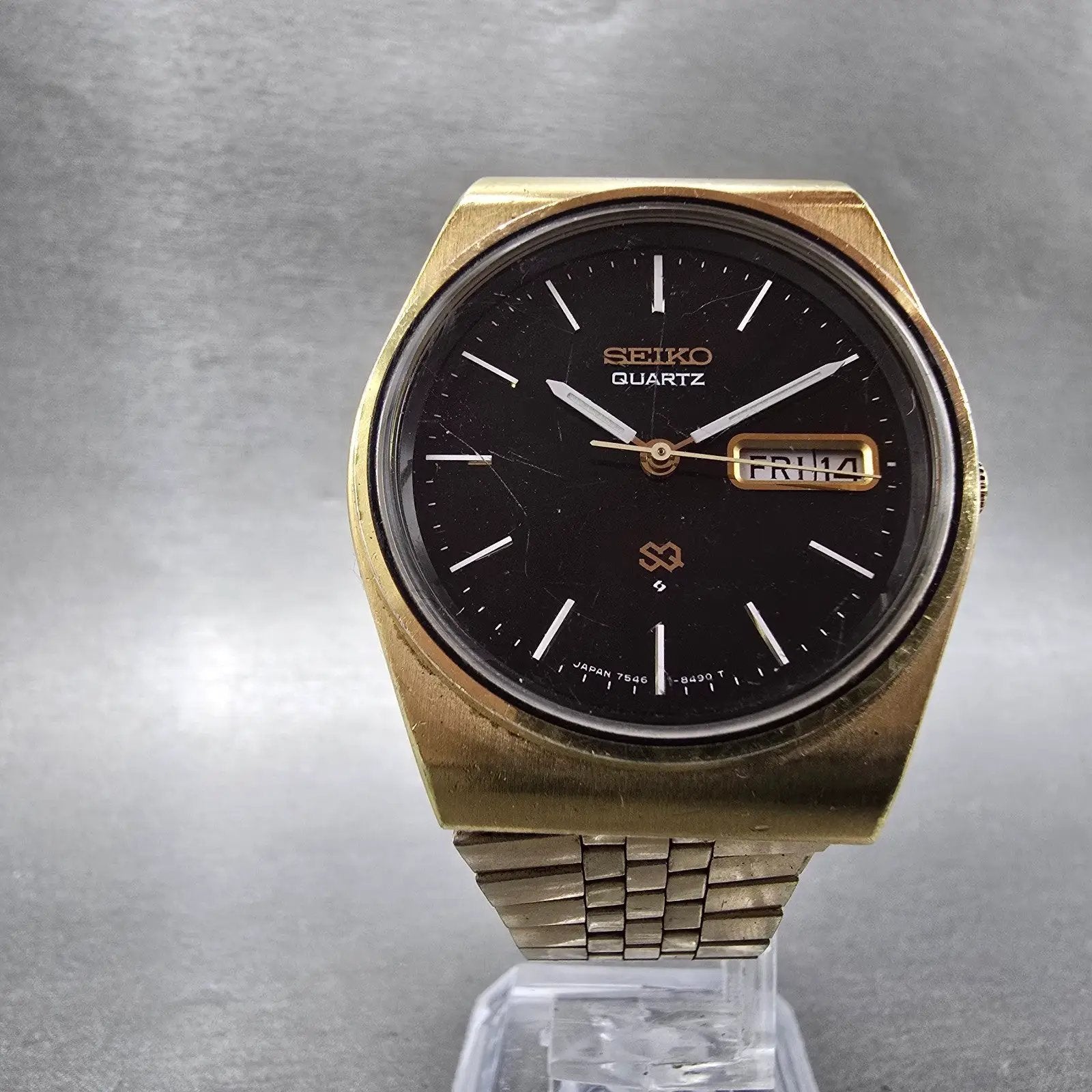 Seiko SQ Watch Men 36mm Black Dial Gold Tone Daydate Round 7546-8419 PARTS6