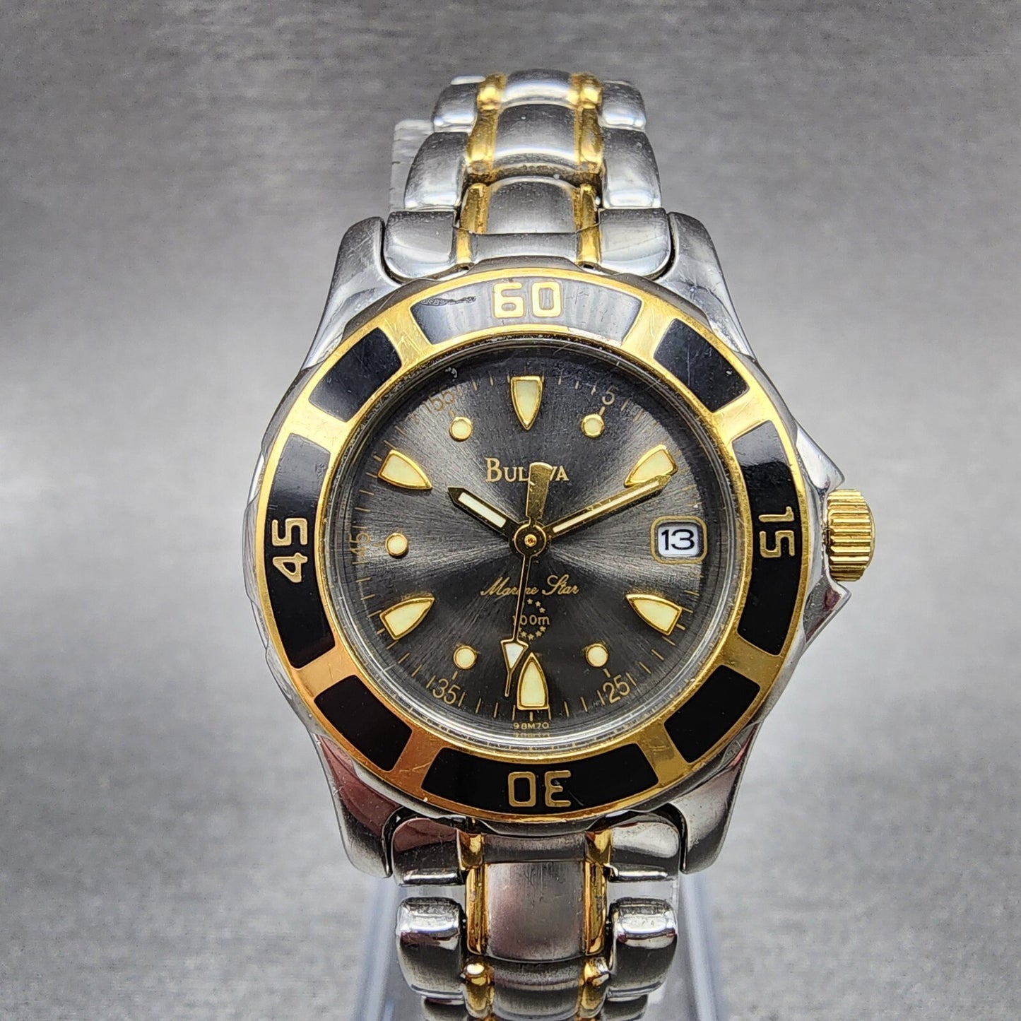 Bulova Marine Star Watch Women 27mm Black Dial Two Tone Date Round New Battery0