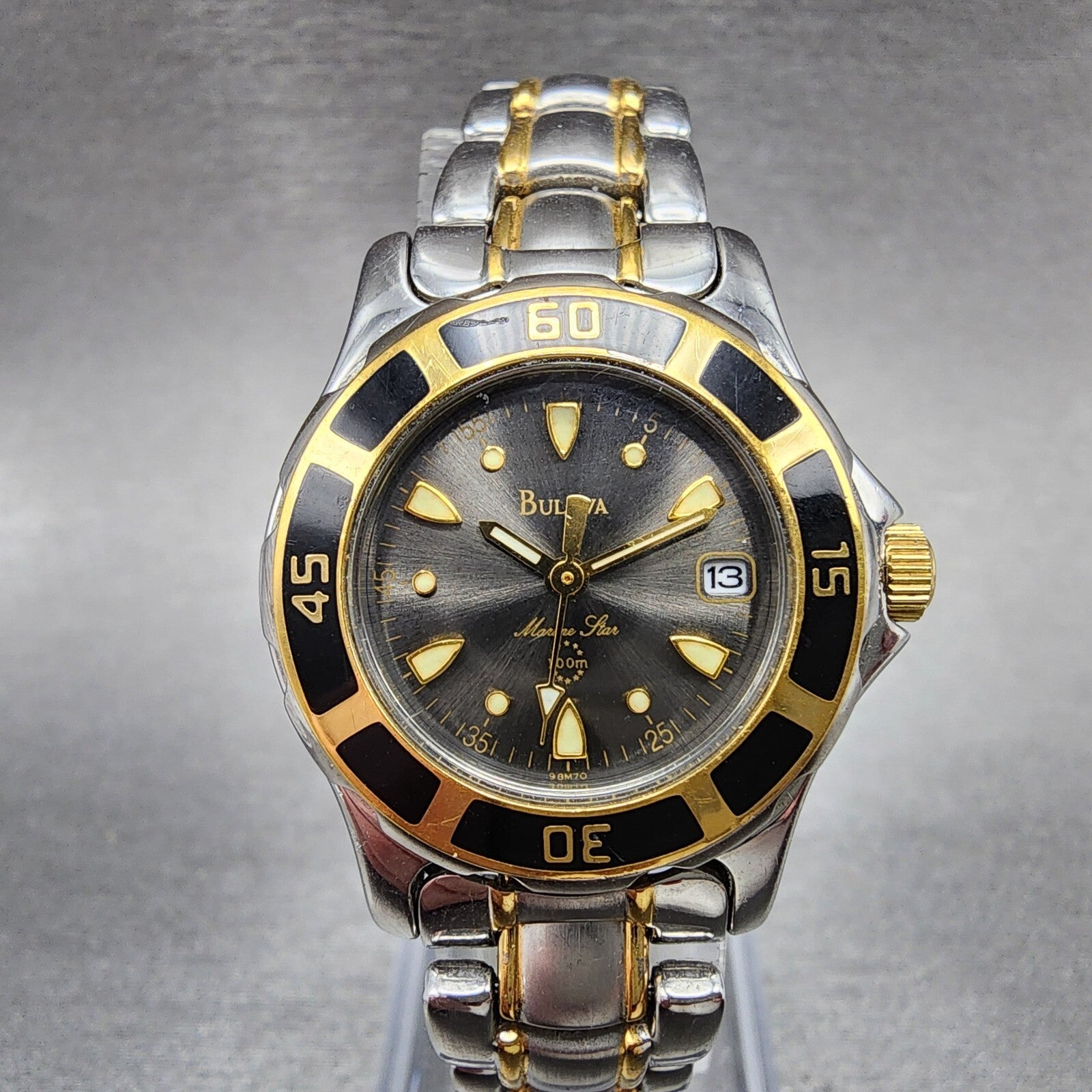 Bulova Marine Star Watch Women 27mm Black Dial Two Tone Date Round New Battery0