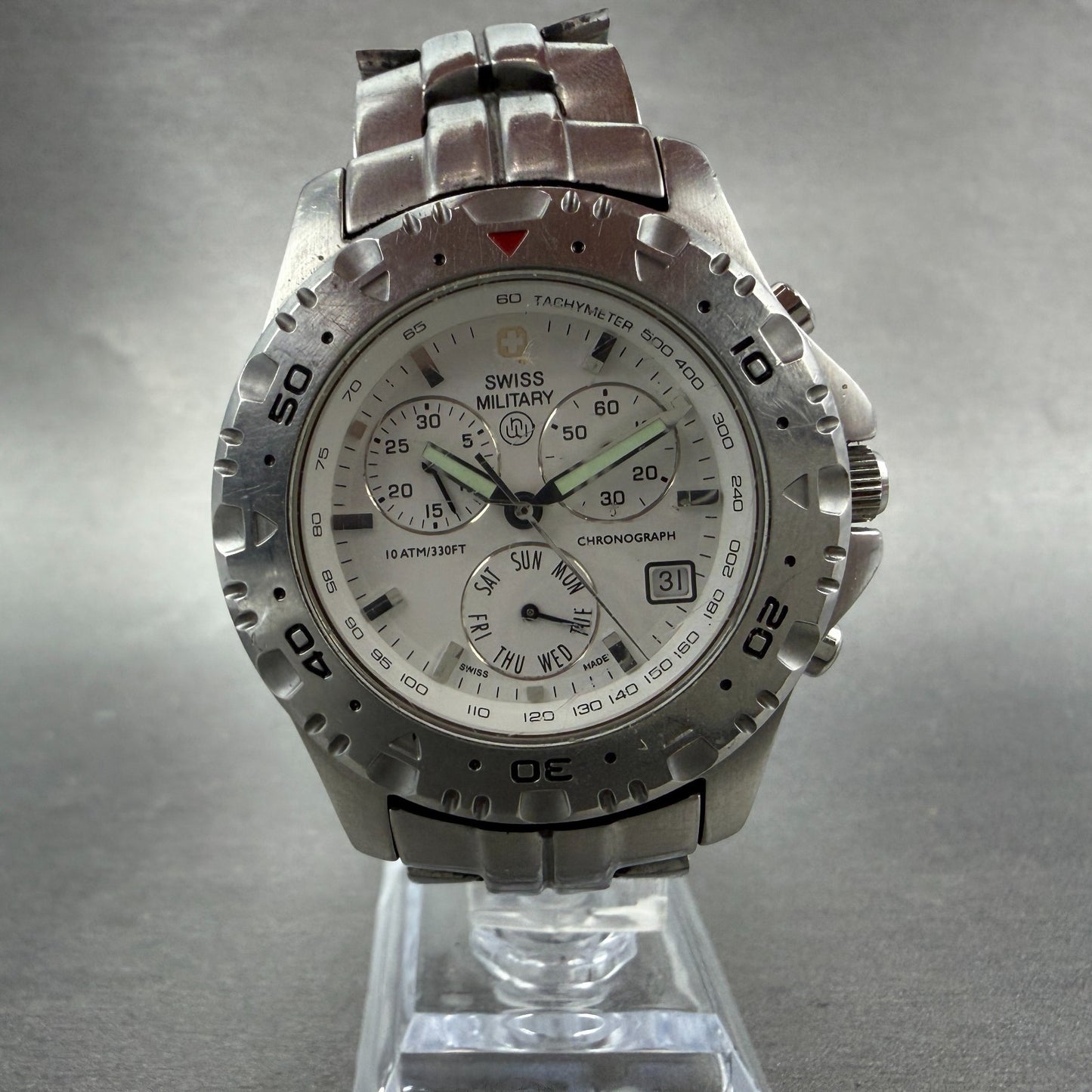 Swiss Military Chronograph Watch Men 40mm White Dial Steel Daydate 1587M PARTS6