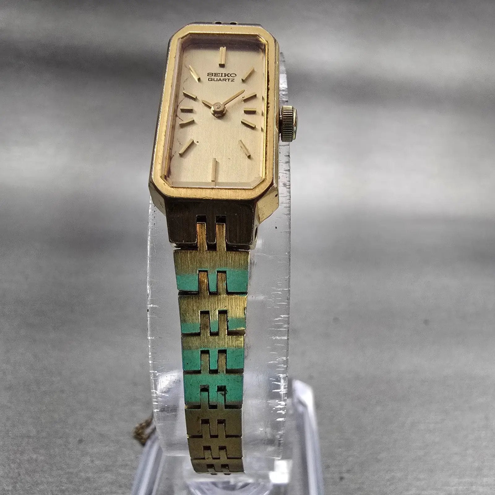 Seiko Watch Women 12mm Gold Dial Gold Tone Rectangle 1320-5029 New Battery VTG5