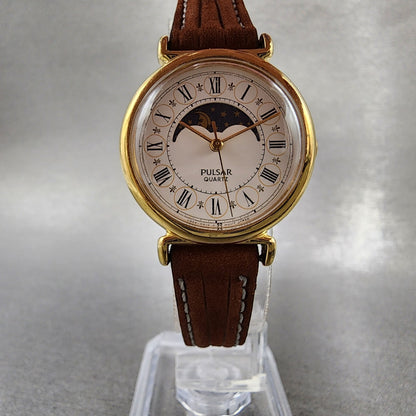 Pulsar Watch Women 26mm White Dial Gold Tone Sun Moon Round V8290010 New Batt5