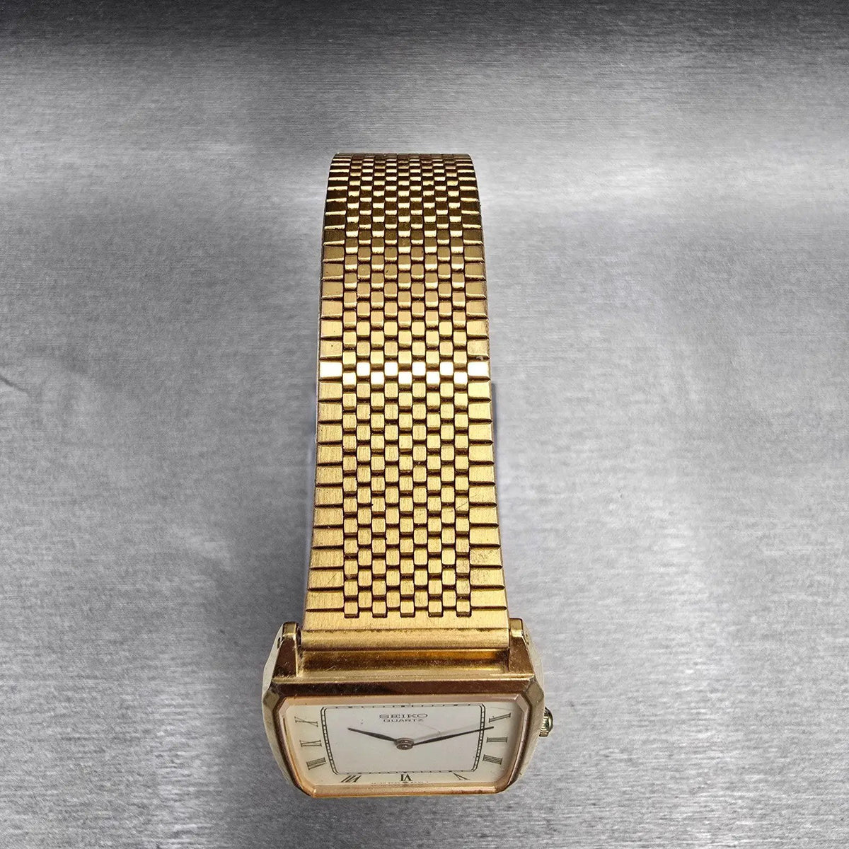 Seiko Tank Watch Men 27mm White Dial Gold Tone Rectangle 5P30-5410 New Battery4