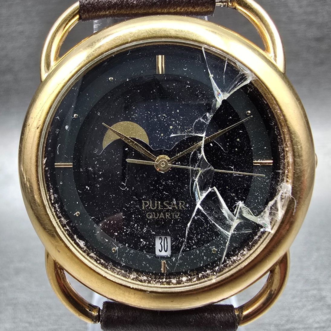 Pulsar Moon Phase Watch Men 33mm Black Dial Gold Tone V338-6000 New Battery READ1