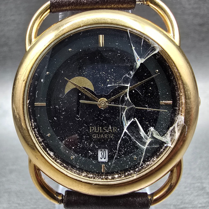 Pulsar Moon Phase Watch Men 33mm Black Dial Gold Tone V338-6000 New Battery READ1