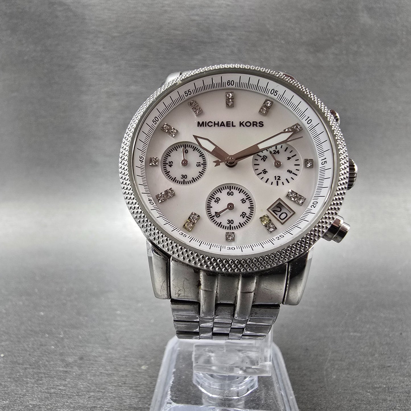 Michael Kors Ritz Chronograph Watch Women 37mm MOP Dial Silver Tone New BatteryW6