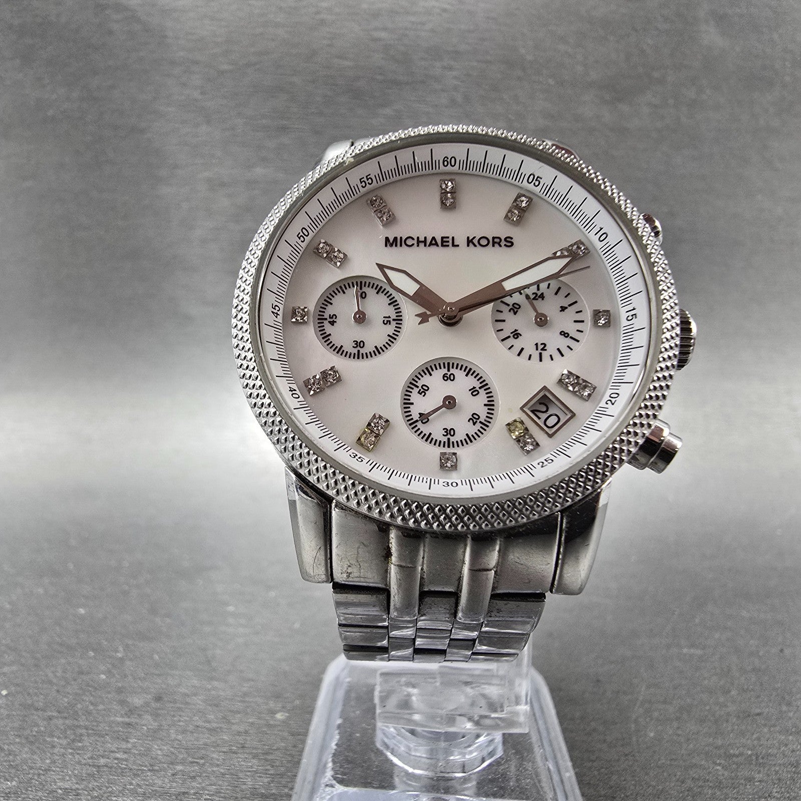 Michael Kors Ritz Chronograph Watch Women 37mm MOP Dial Silver Tone New BatteryW6