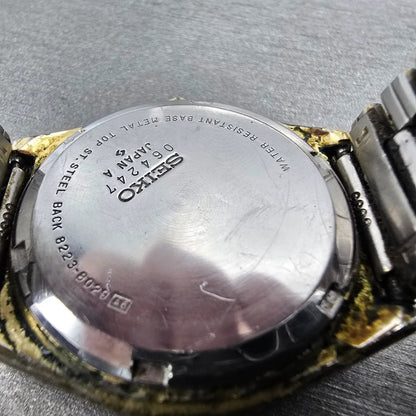 Seiko SQ Watch Men 35mm Silver Dial Gold Tone Daydate Round 8223-8029 PARTS VTG910