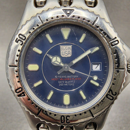 Elgin Dive Watch Men 38mm Black Dial Steel Date FK-664A Round New Battery