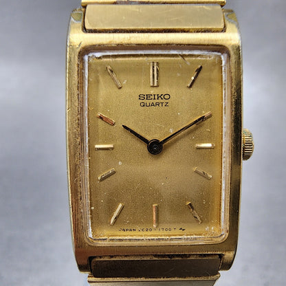 Seiko Tank Watch Women 17mm Champagne Dial Gold Tone Rectangle 2C205830 New Bat1