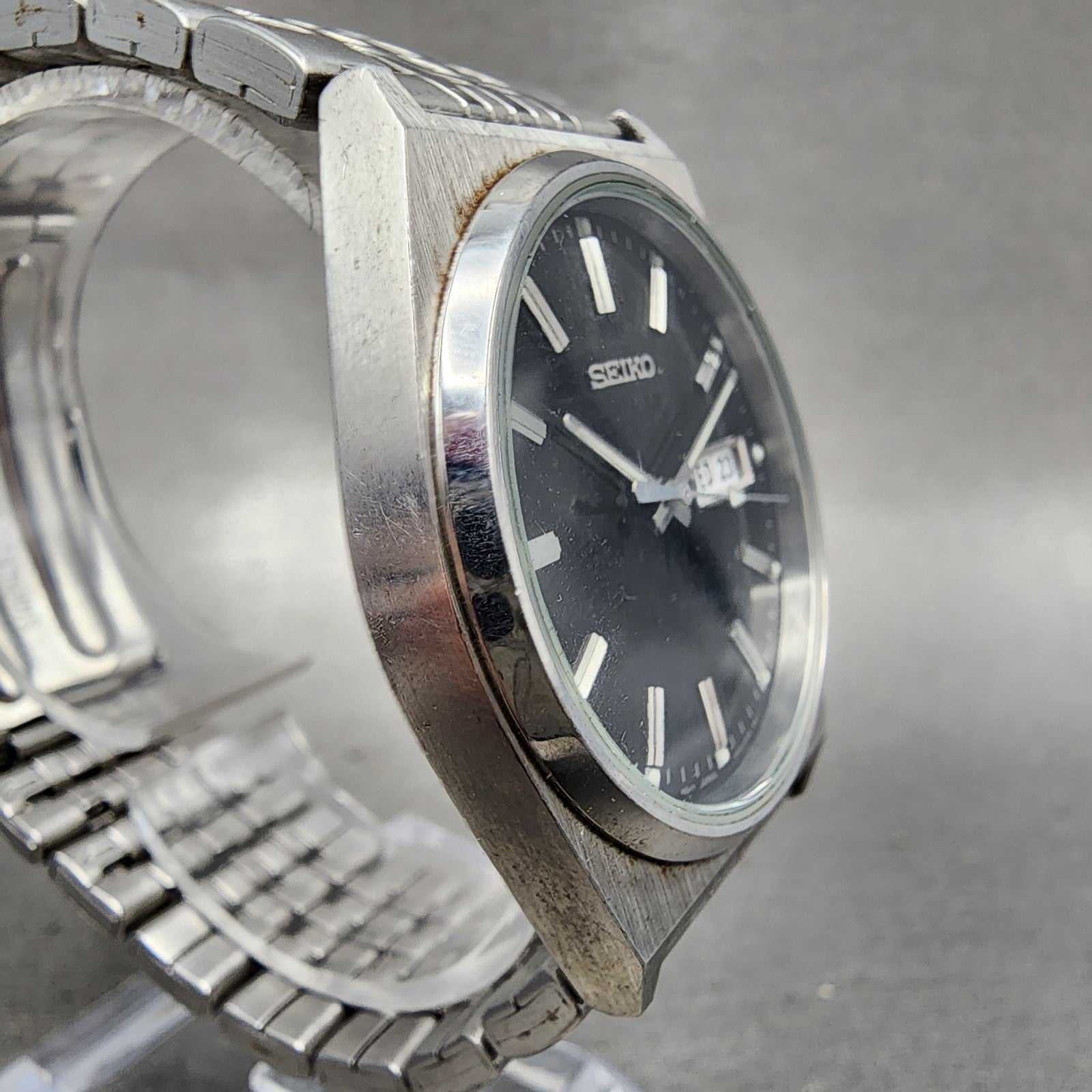 Seiko Watch Men 35mm Black Dial Silver Tone Daydate V743 New Battery READ!!!!!!!3