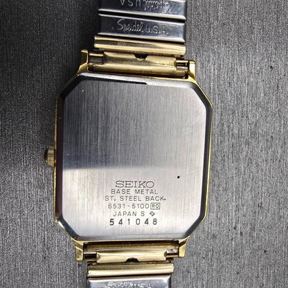 Seiko Watch Men 27mm Gold Dial Gold Tone Rectangle 6531-5100 New Battery Vintage10
