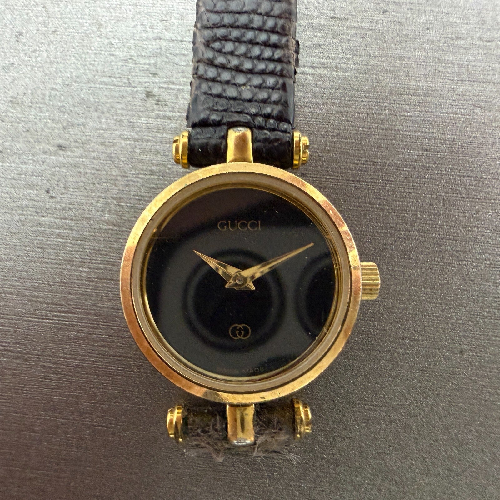Gucci 2000L Watch Women 22mm Black Dial Gold Plated Round New Battery VTG READ!!1