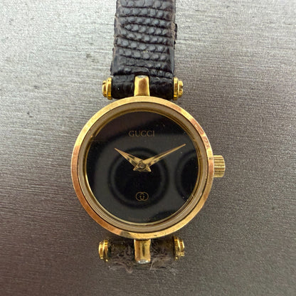 Gucci 2000L Watch Women 22mm Black Dial Gold Plated Round New Battery VTG READ!!1