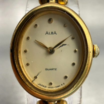 Seiko Alba Watch Women 18mm Cream Dial Gold Tone Oval V400-5150 New Battery VTG1