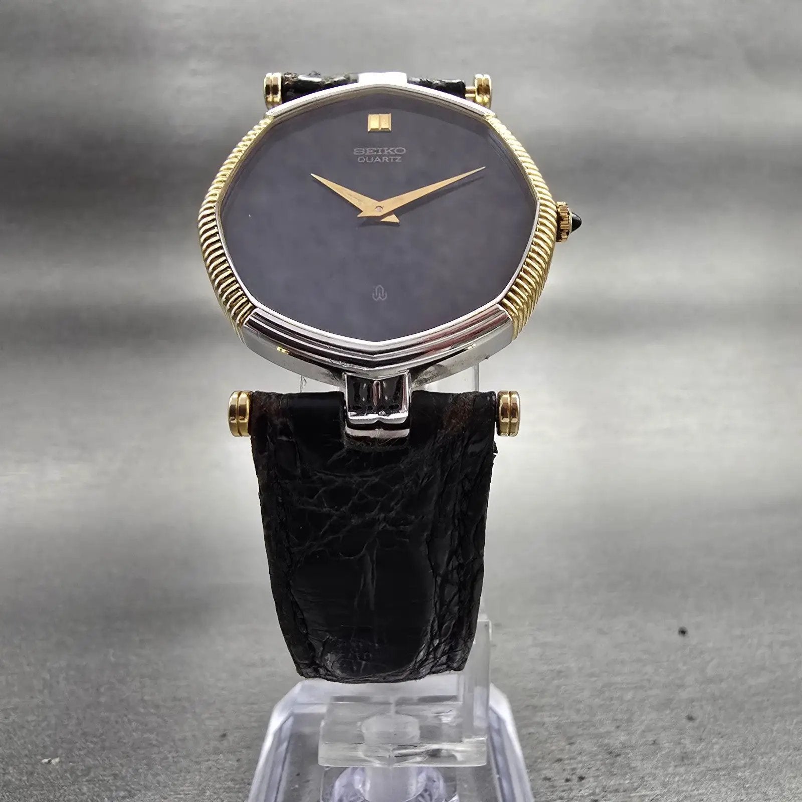 Seiko Watch Men 30mm Black Dial Two Tone Octagon 5930-5470 New Battery Vintage5
