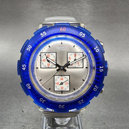 Swatch Aquachrono Watch Men 43mm Silver Dial Clear Case Round SBK117 READ!!!!