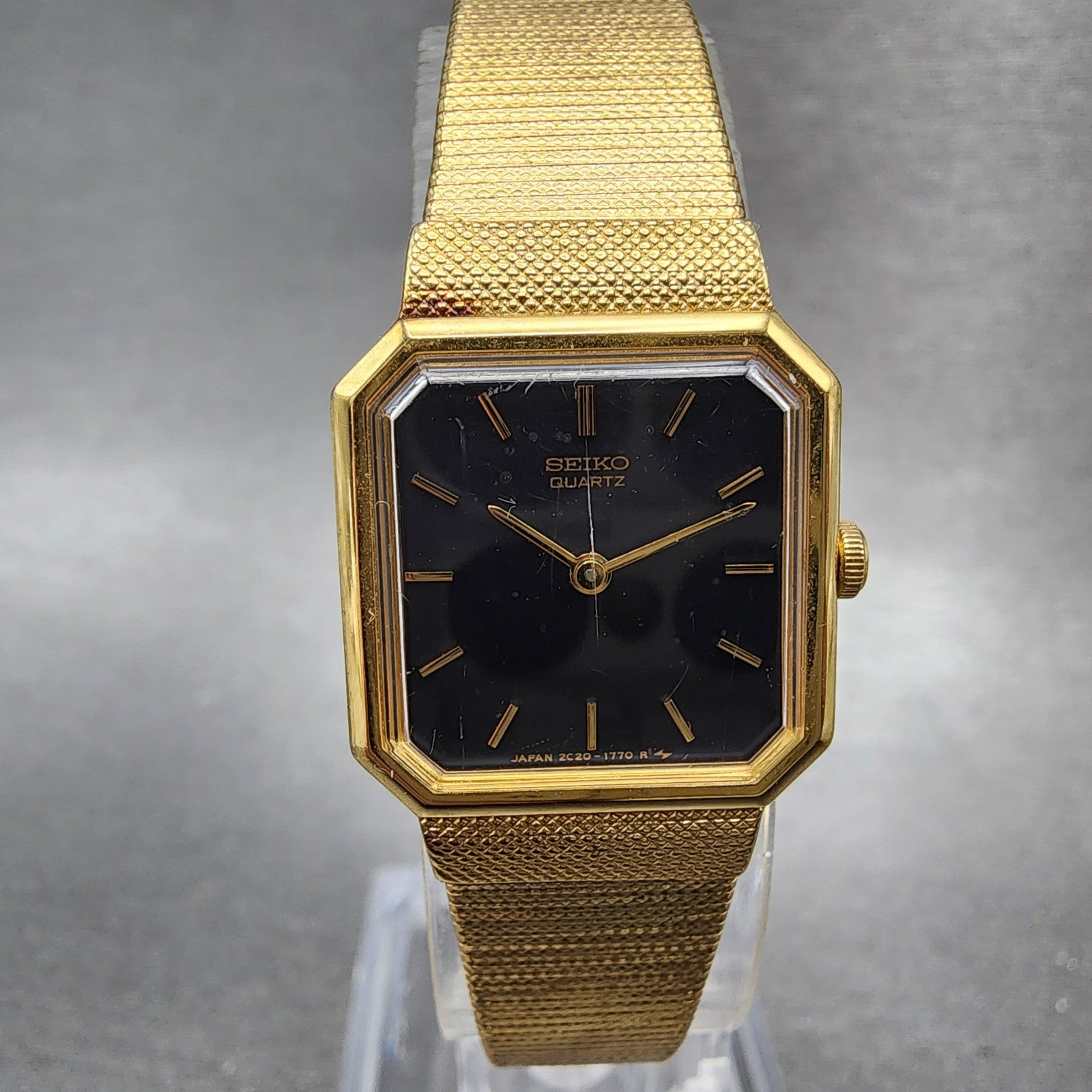 Seiko Tank Watch Women 19mm Blue Dial Gold Tone Octagon 2c205850 New Battery0