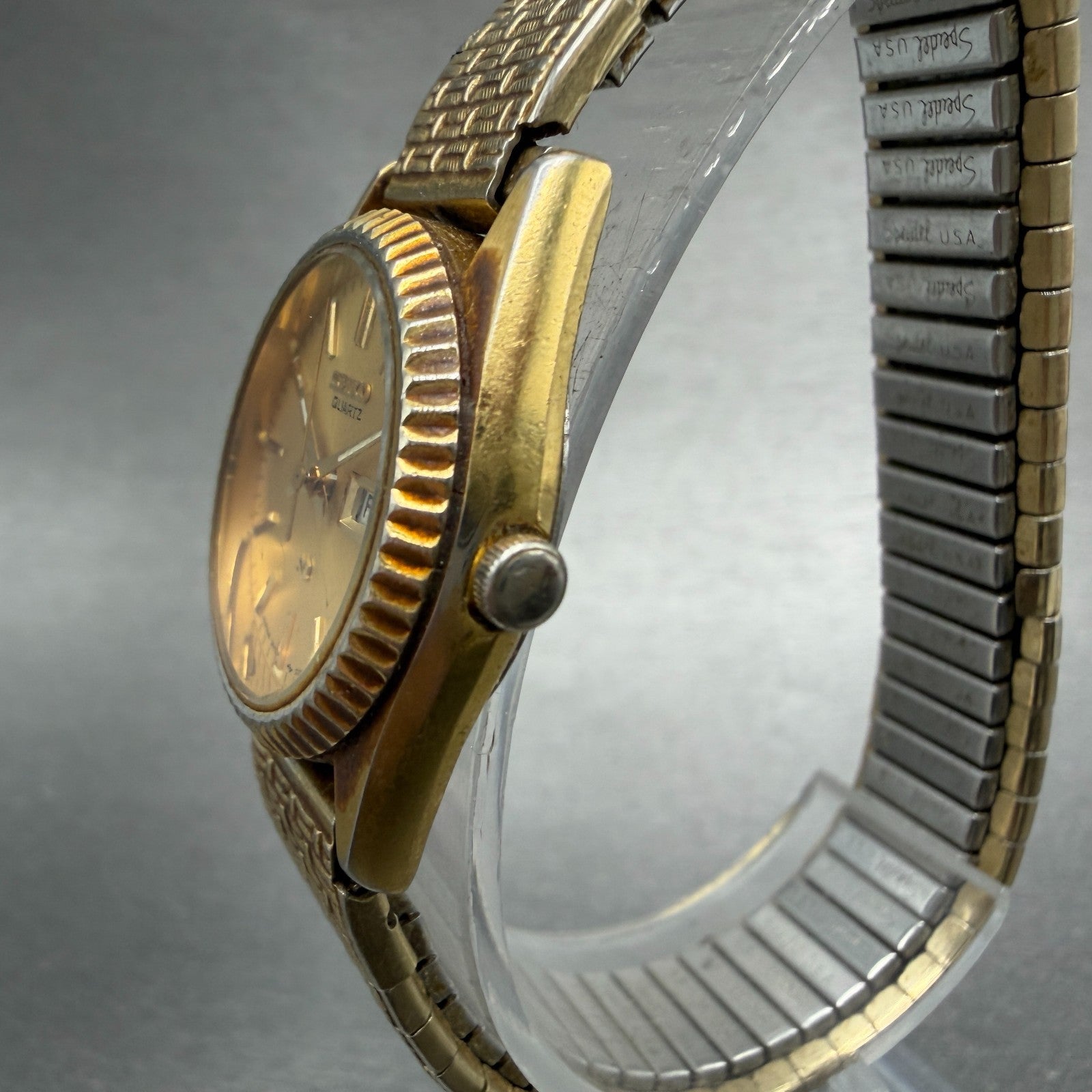 Seiko SQ Watch Women 24mm Gold Dial Gold Tone Daydate 3Y03-0169 New Battery VTG92