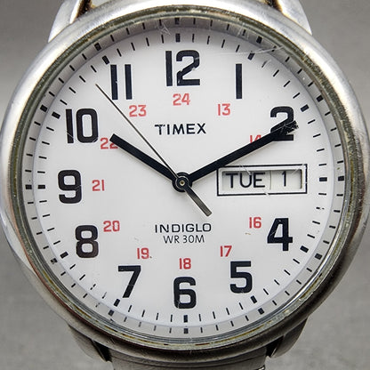 Timex Indiglo Easy Reader Watch Men 35mm White Dial Silver Tone Daydate New Batt1
