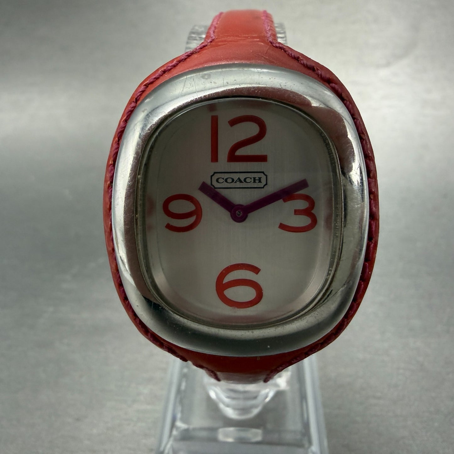 Coach Watch Women 32mm Silver Dial Silver Tone Oval Red Leather Band New Battery0