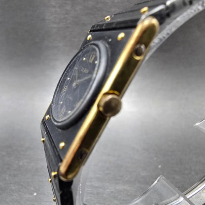 Leroy Tank Watch Women 20mm Black Dial Gold Black Rectangle 8802 New Battery VTG3