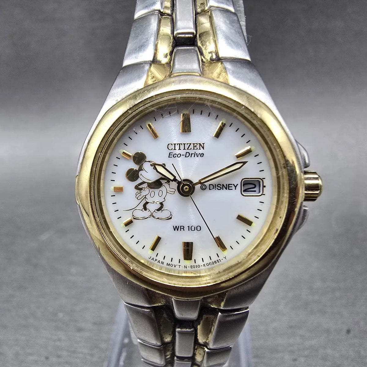 Citizen Eco-Drive Watch Women 25mm White Dial Two Tone Date Mickey Mouse Works0