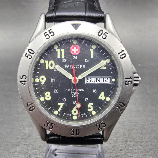 Wenger SAK Design Watch Men 38mm Black Dial Silver Tone Round 096.0636 New Batt0