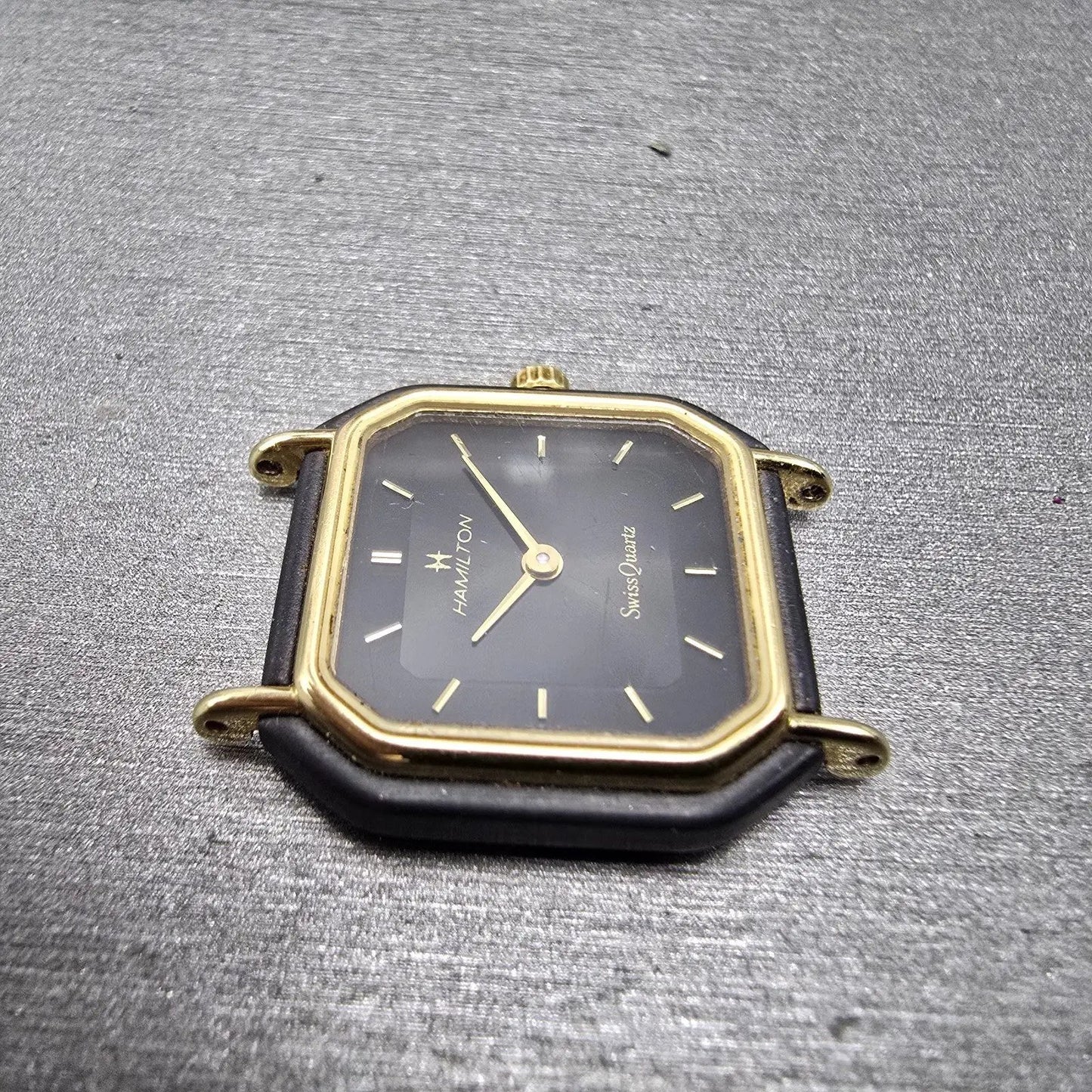 Hamilton Watch Women 22mm Black Dial Black Gold Tone Octagon VTG PARTS4